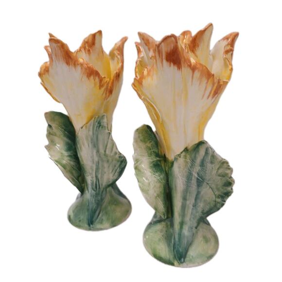 2 Pc Chelsea House Porcelain Lily Flower 7" Candlestick Holders Yellow Vnt - Picture 3 of 15